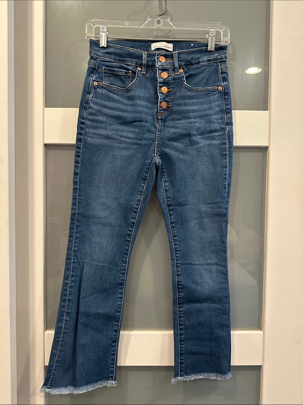 LOFT Dark Blue High-Rise Button-Fly Flare Cropped Jeans